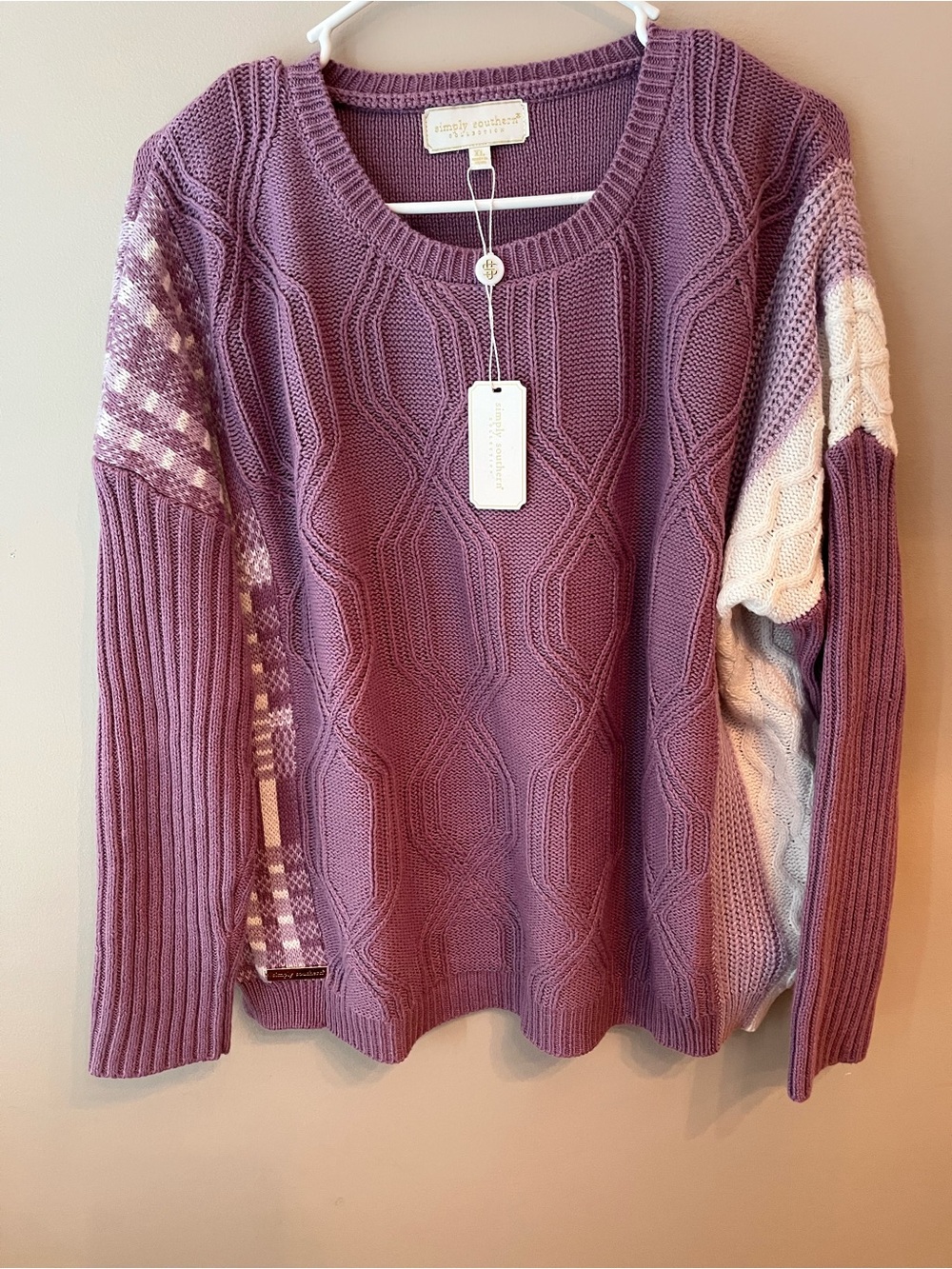 Simply Southern Lavender Patchwork Cable Knit Sweater